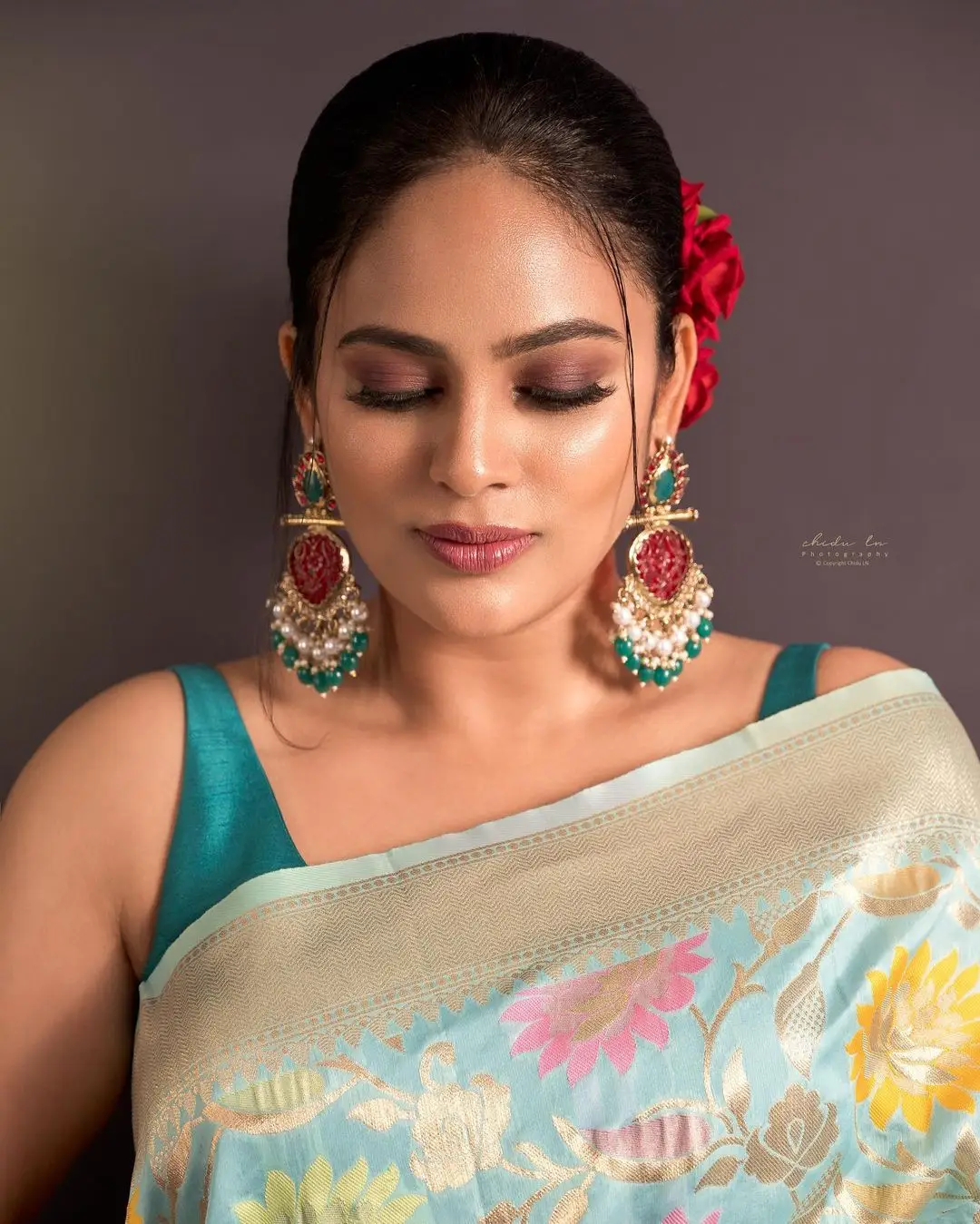 Nandita Swetha in Traditional Green Saree Sleeveless Blouse